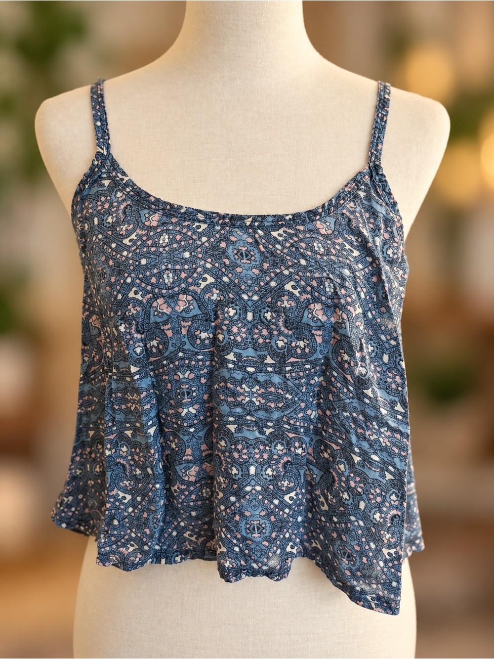 Abercrombie & Fitch Blue Printed Spaghetti Strap Cami with Pink Accents